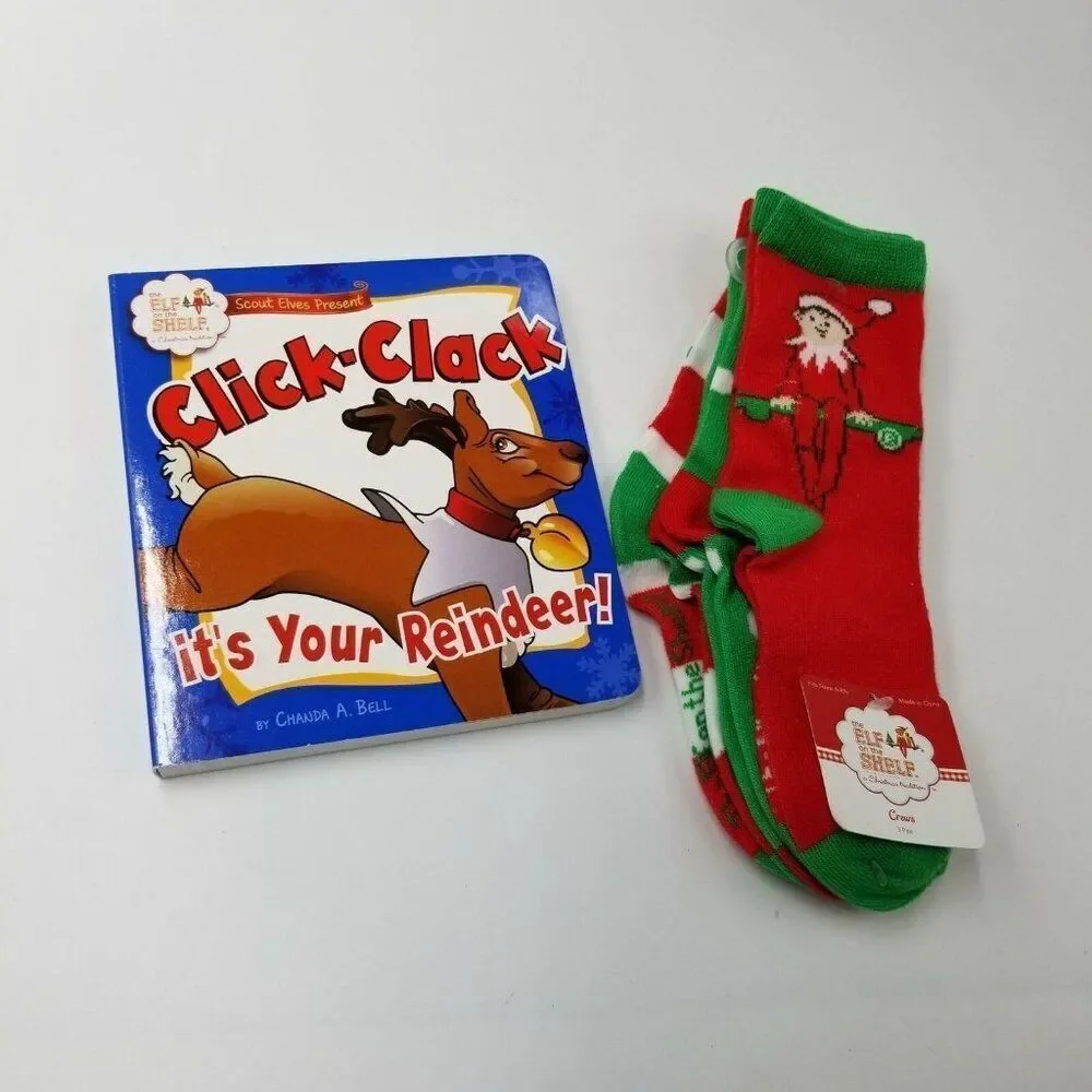 3 Pack Elf on the Shelf Crew Socks Click Clack Its Your Reindeer Book